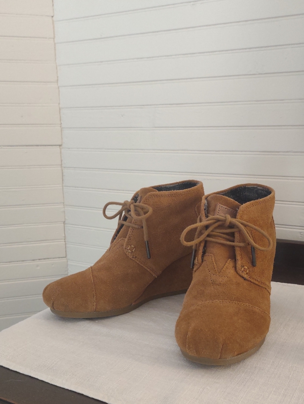 Toms Chestnut Suede Wedge Ankle Booties